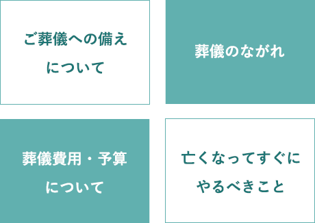 ご葬儀への備えについて 葬儀のながれ 葬儀費用・予算について 亡くなってすぐにやるべきこと